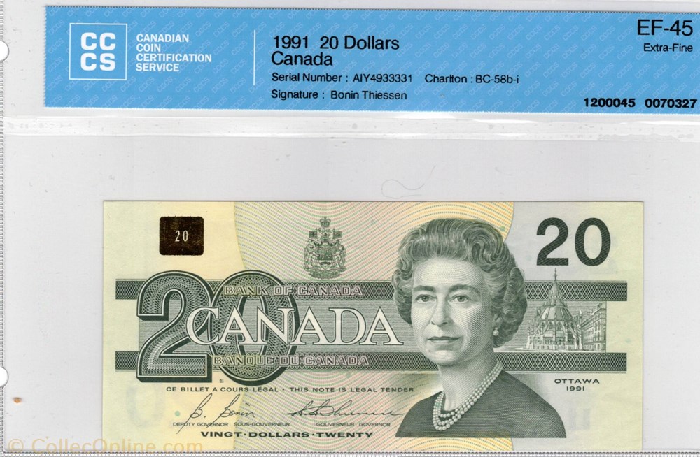 Billet de 20 dollars 1991 amerique du nord canadum billet de 20 dollars 1991