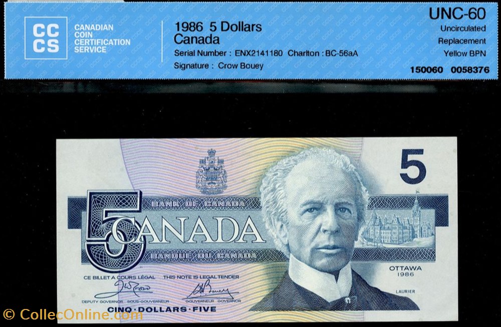 billets de cinq dollars 1986 amerique du nord canada billets de cinq dollars 1986