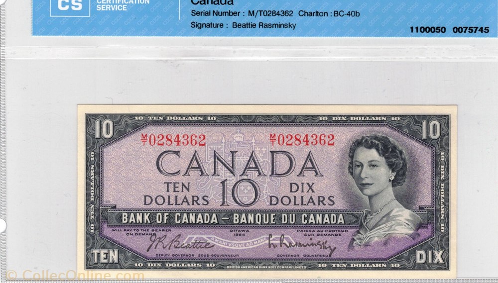 amerique du nord canadum billets de 10 dollars 1954