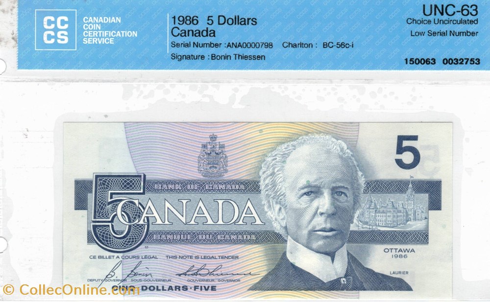 amerique du nord canadum billet 5 dollars 1986