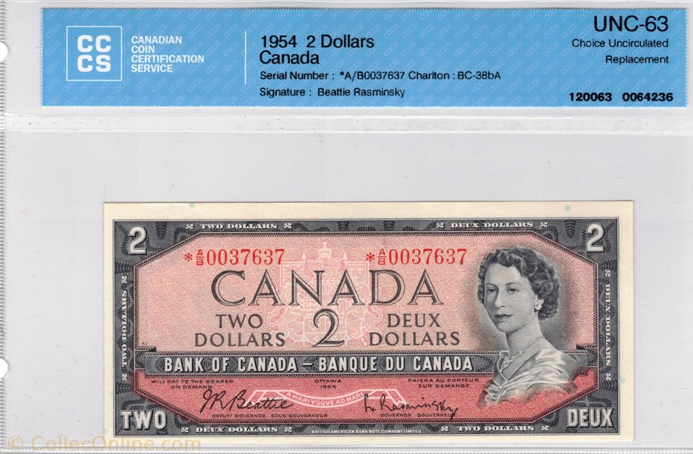 Billet de 2 dollars 1954 BC-38bA amerique du nord canadum billet de 2 dollars 1954 bc 38ba
