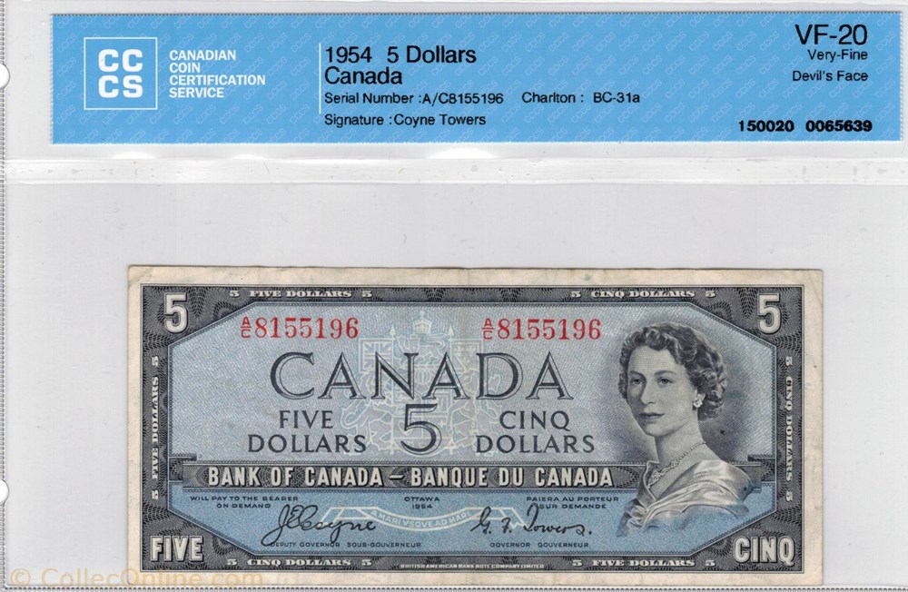 5 dollars 1954 BC-31a billet amerique du nord canadum 5 dollars 1954 bc 31a