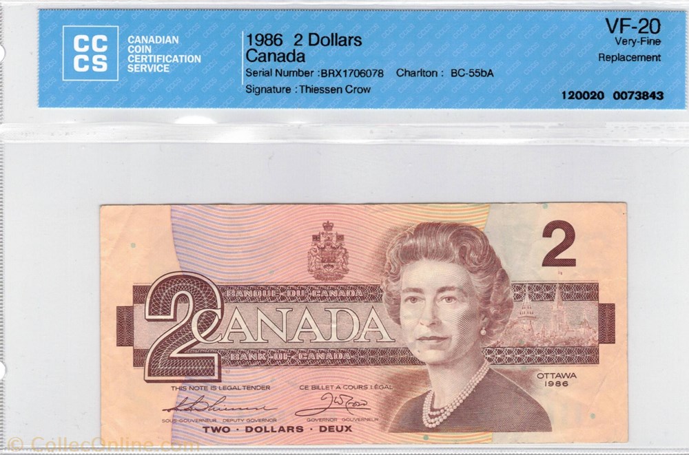 amerique du nord canadum billet de 2 dollars 1986
