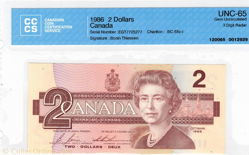 amerique du nord canadum billet de 2 dollar 1986