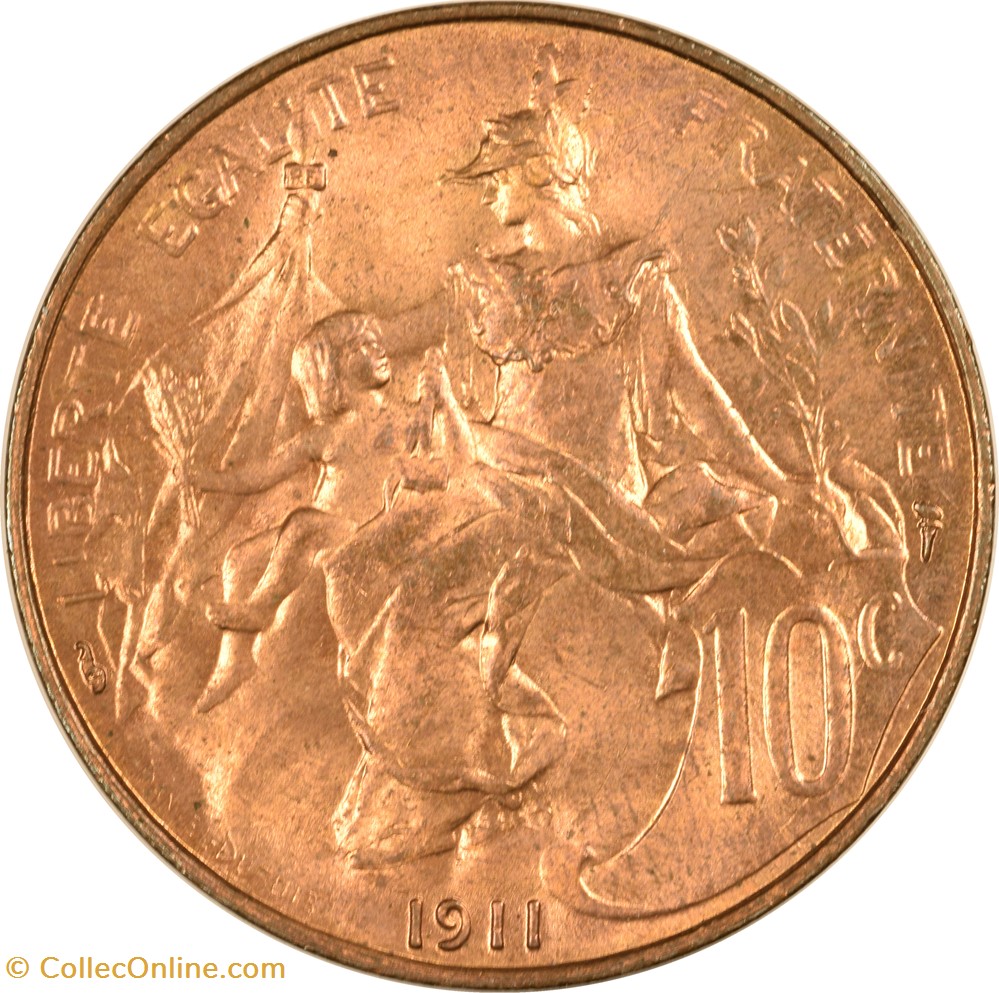 10 centimes Daniel-Dupuis 1911 (MS63) 3 monnaies monde france 10 centimes daniel dupuis 1911 ms63