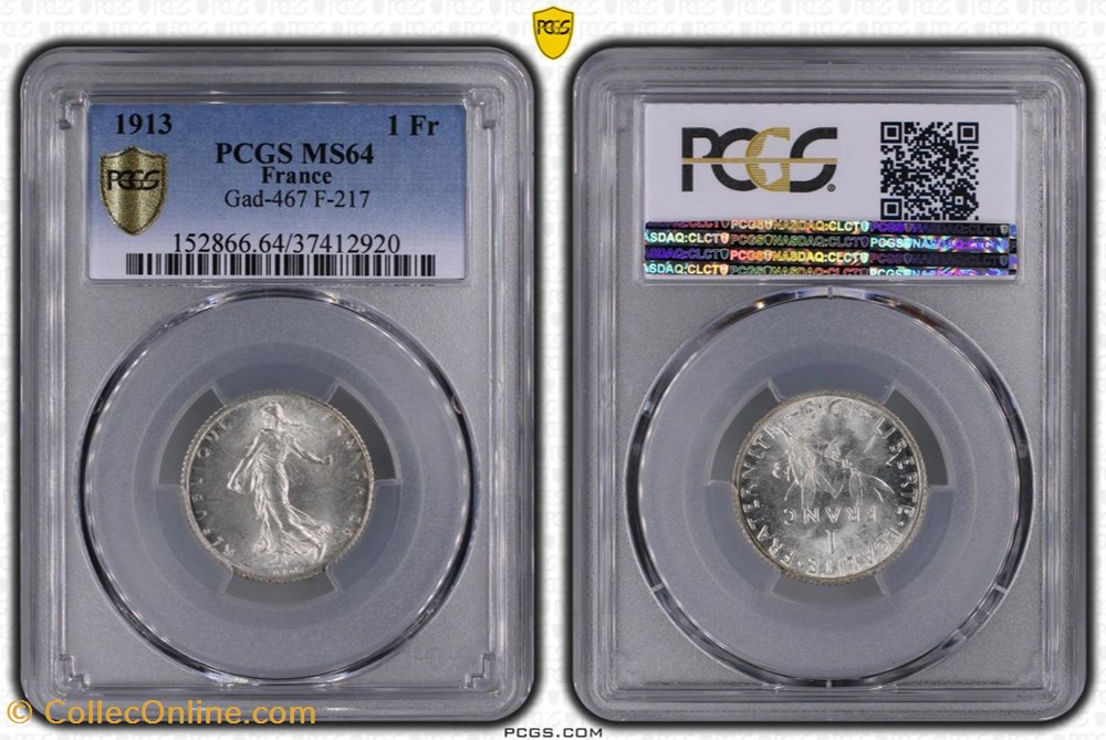 1 franc Semeuse 1913 (MS64) 3 monnaies monde france 1 franc semeuse 1913 ms64