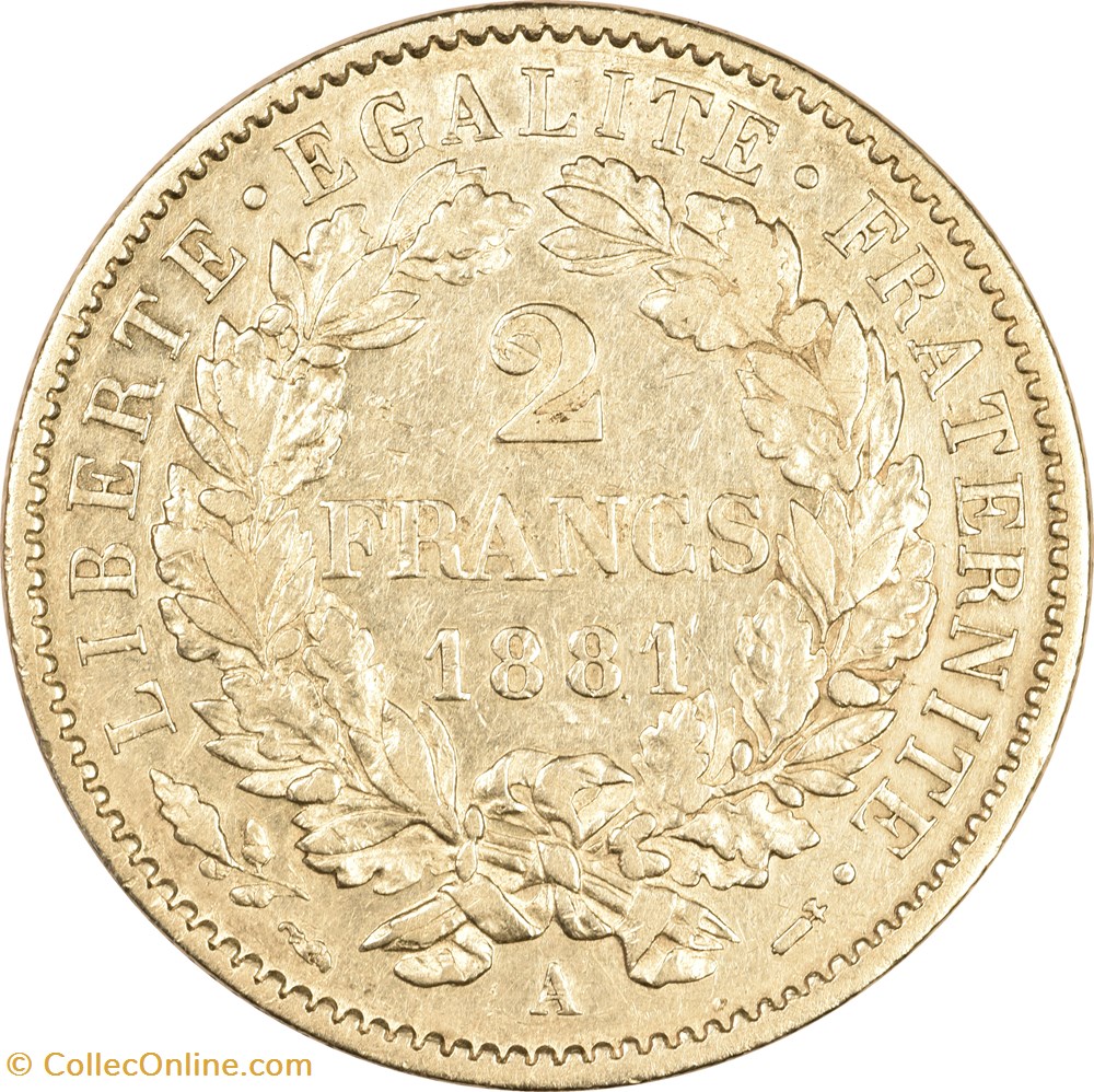 2 francs Cérès 1881 A monnaies monde france 2 francs ceres 1881 a