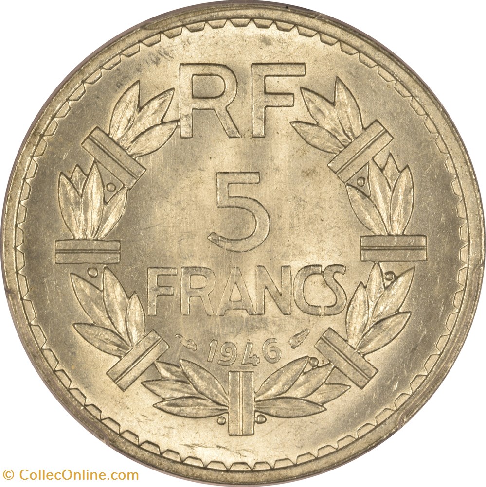 5 francs Lavrillier 1946 (MS64) monnaies monde france 5 francs lavrillier 1946 ms64