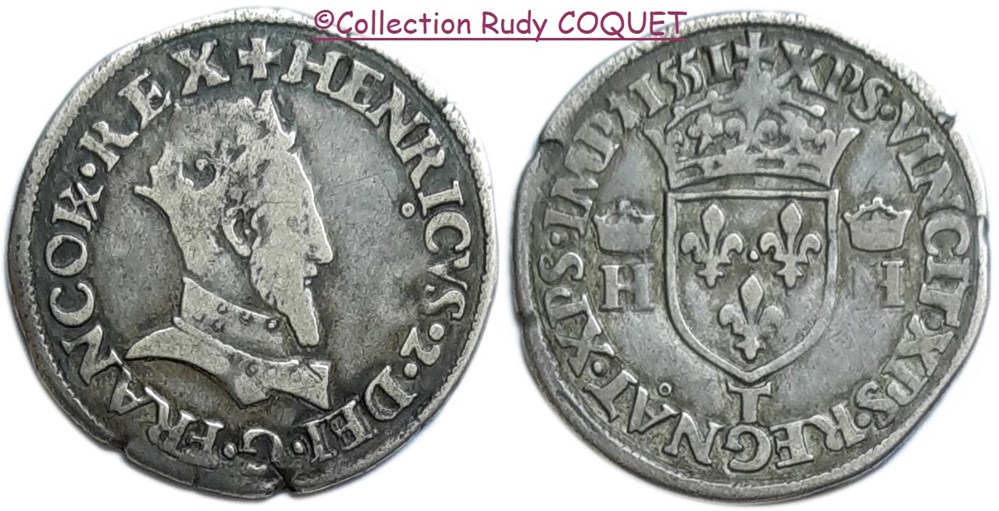 Demi teston tête couronnée Henri II 1551T (Nantes) demi teston tete couronnee henri ii 1551t nantes