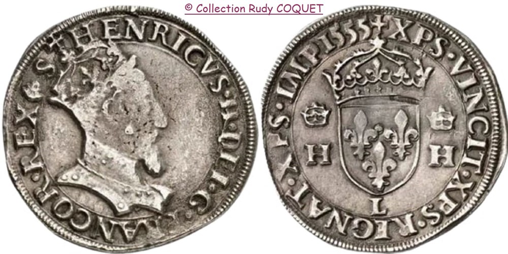 Teston tête couronnée Henri II 1555 L (Bayonne) teston tete couronnee henri ii 1555 l bayonne