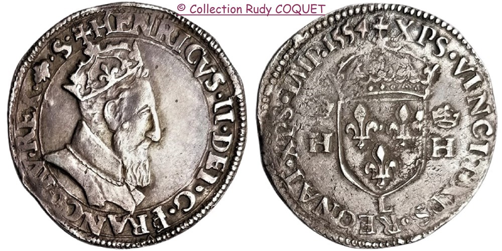 Teston tête couronnée Henri II 1554 L (Bayonne) teston tete couronnee henri ii 1554 l bayonne
