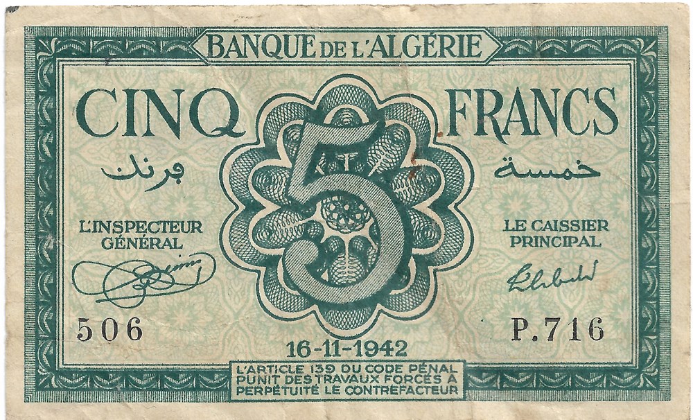 5 francs billets afrique algerie 5 francs