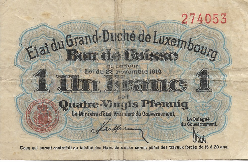 1 franc ou 80 pfennigs billets europe luxembourg 1 franc ou 80 pfennigs