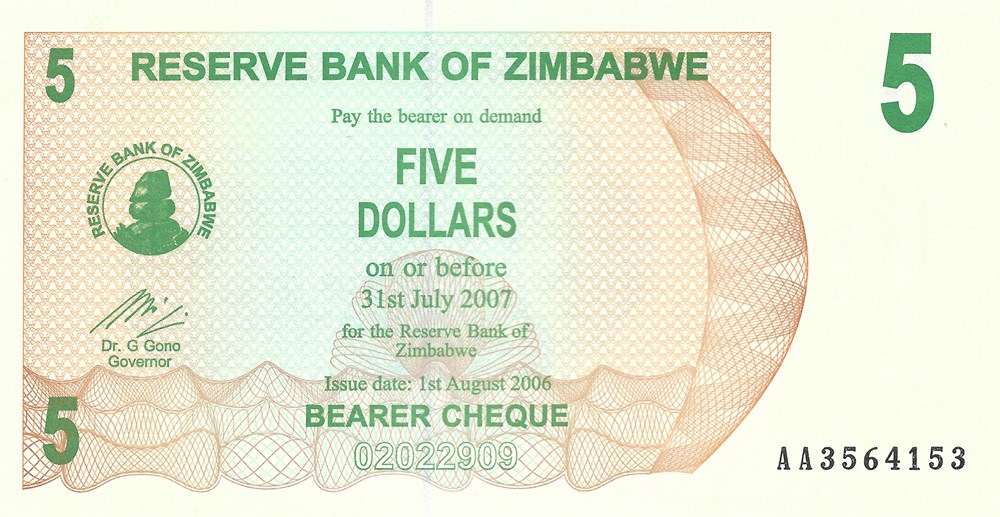 Chèque au porteur de 5 dollars billets afrique zimbabwe cheque au porteur de 5 dollars