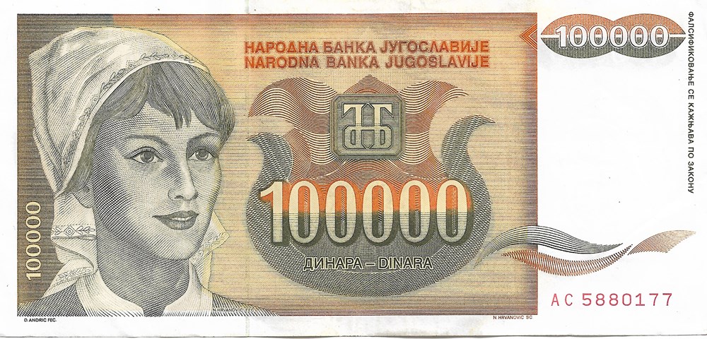 100.000 dinars billets europe yougoslavie 100 000 dinars