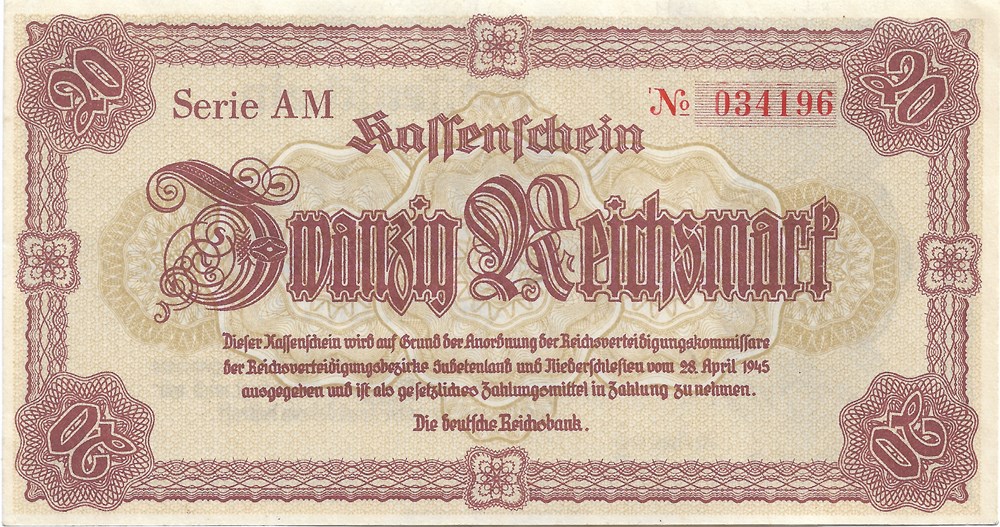 20 reichsmarks pour le Sudetenland et la Basse-Silésie billets europe allemagne 20 reichsmarks pour le sudetenland et la basse silesie