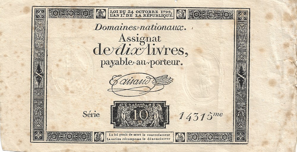 Assignat de 10 livres billets europe france assignat de 10 livres