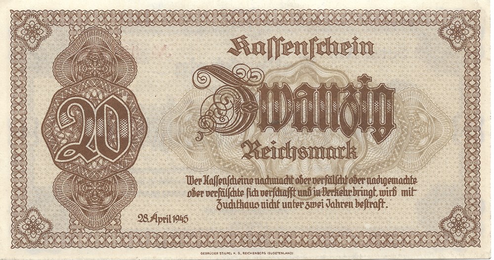20 reichsmarks pour le Sudetenland et la Basse-Silésie billets europe allemagne 20 reichsmarks pour le sudetenland et la basse silesie