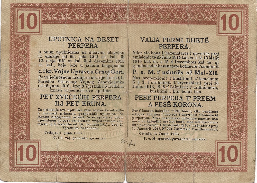 10 perper ou 5 couronnes billets europe montenegro 10 perper ou 5 couronnes