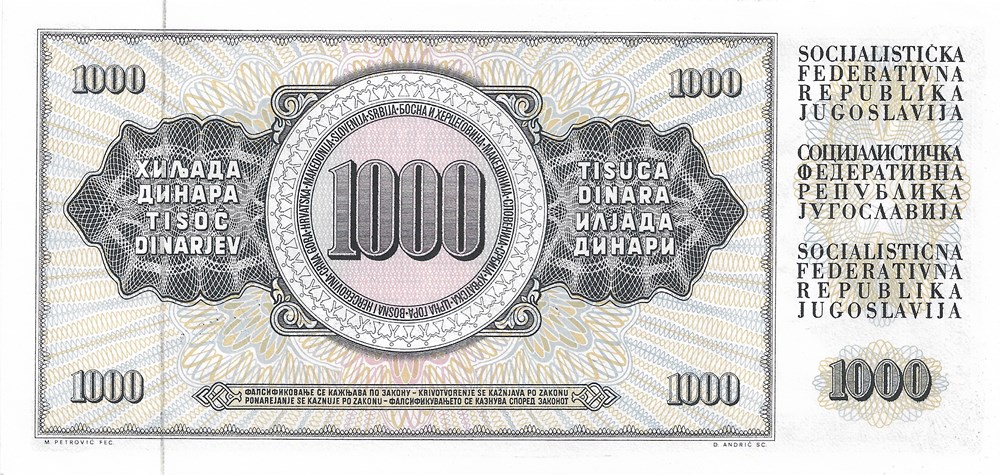 billets europe yougoslavie 1 000 dinars