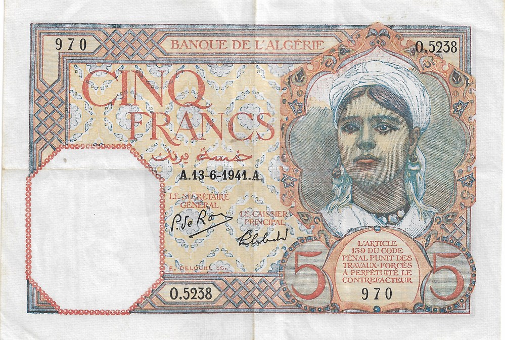 5 francs billets afrique algerie 5 francs
