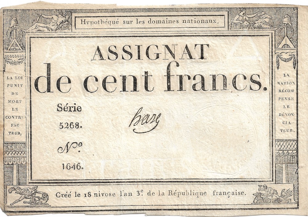 billets europe france assignat de 100 francs