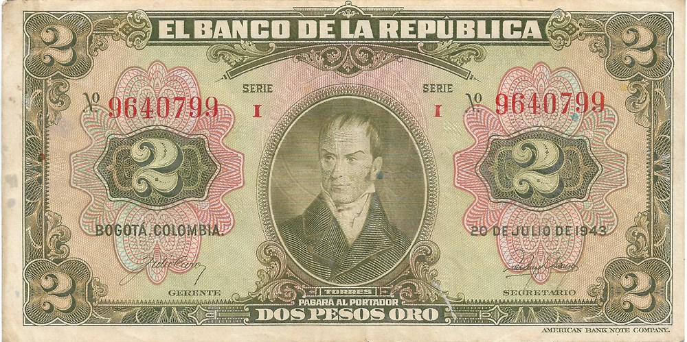 2 pesos en or billets amerique du sud colombie 2 pesos en or