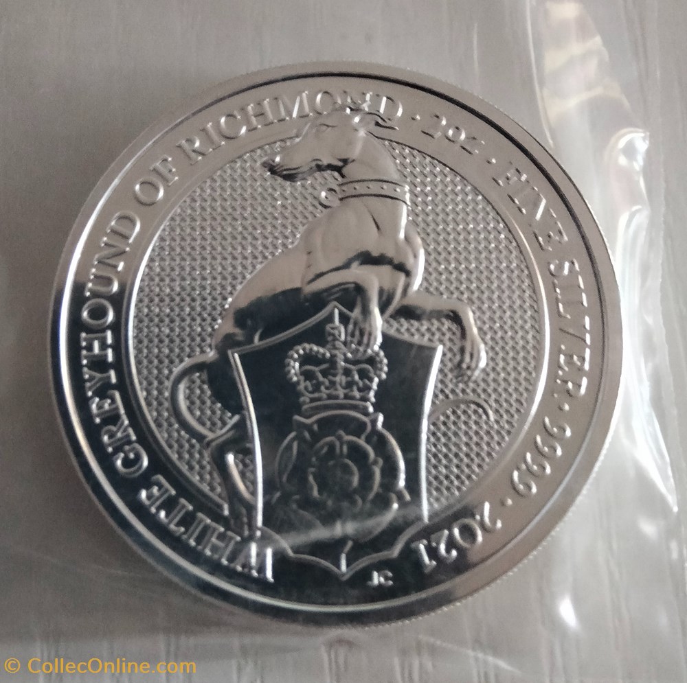 Reino Unido. 5 libras 2021 Silver Queen's Beasts White Greyhound of Richmond Coin BU - 2 oz monedas lingotes bullion moneda de plata reino unido 5 libras 2021 silver queen s beasts white greyhound of richmond coin bu 2 oz