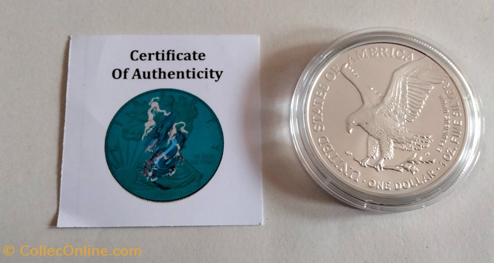 Estados Unidos. 1 Dollar 2021 - American Eagle - "Space Türkis Dragon" - Colorized - 1 Oz with COA monedas lingotes y bullion moneda de plata estados unidos 1 dollar 2021 american eagle space turkis dragon colorized 1 oz with coa
