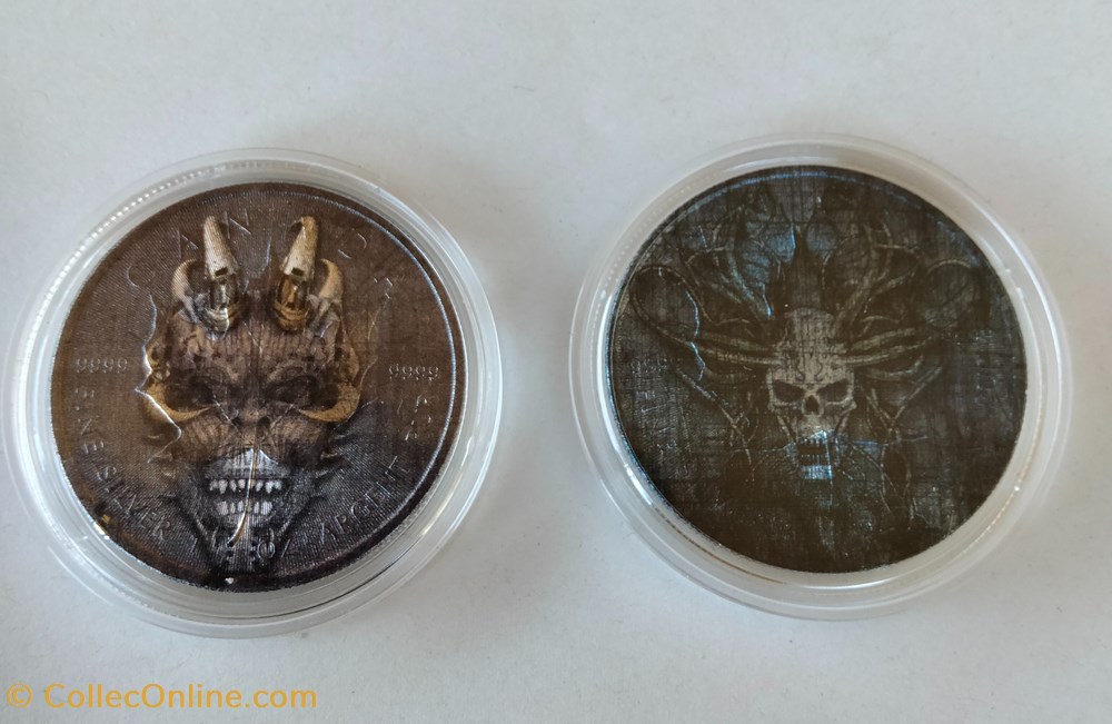 Canadá. 5 Dollars 2022 – Maple Leaf „Skull with Hornes and Dark Blue Skull - Colorized - 2 x 1 Oz monedas lingotes y bullion moneda de plata canada 5 dollars 2022 maple leaf skull with hornes and dark blue skull colorized 2 x 1 oz