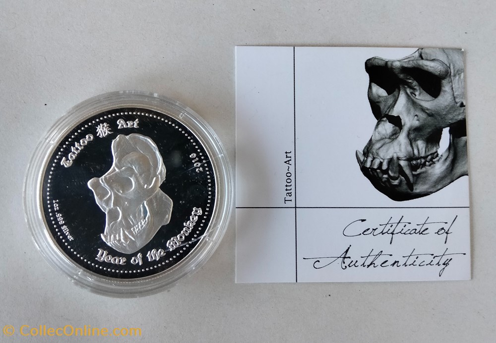 Ghana. 5 Cedis 2016 Proof Tattoo-Art - Year of the Monkey - 1 Oz monedas lingotes bullion moneda de plata ghana 5 cedis 2016 proof tattoo art year of the monkey 1 oz