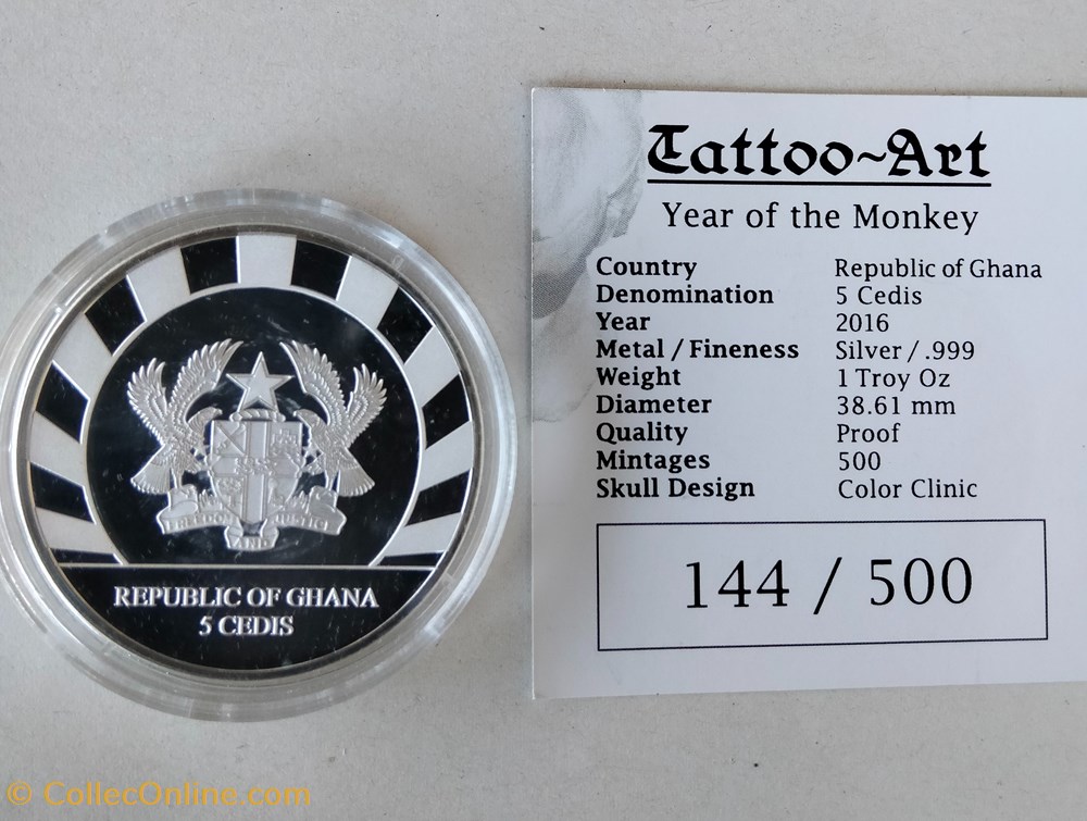 Ghana. 5 Cedis 2016 Proof Tattoo-Art - Year of the Monkey - 1 Oz monedas lingotes bullion moneda de plata ghana 5 cedis 2016 proof tattoo art year of the monkey 1 oz