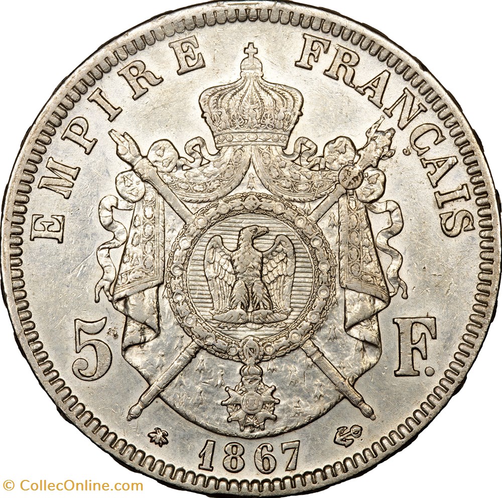 monnaies monde france 5 francs tete lauree napoleon iii 1867 paris