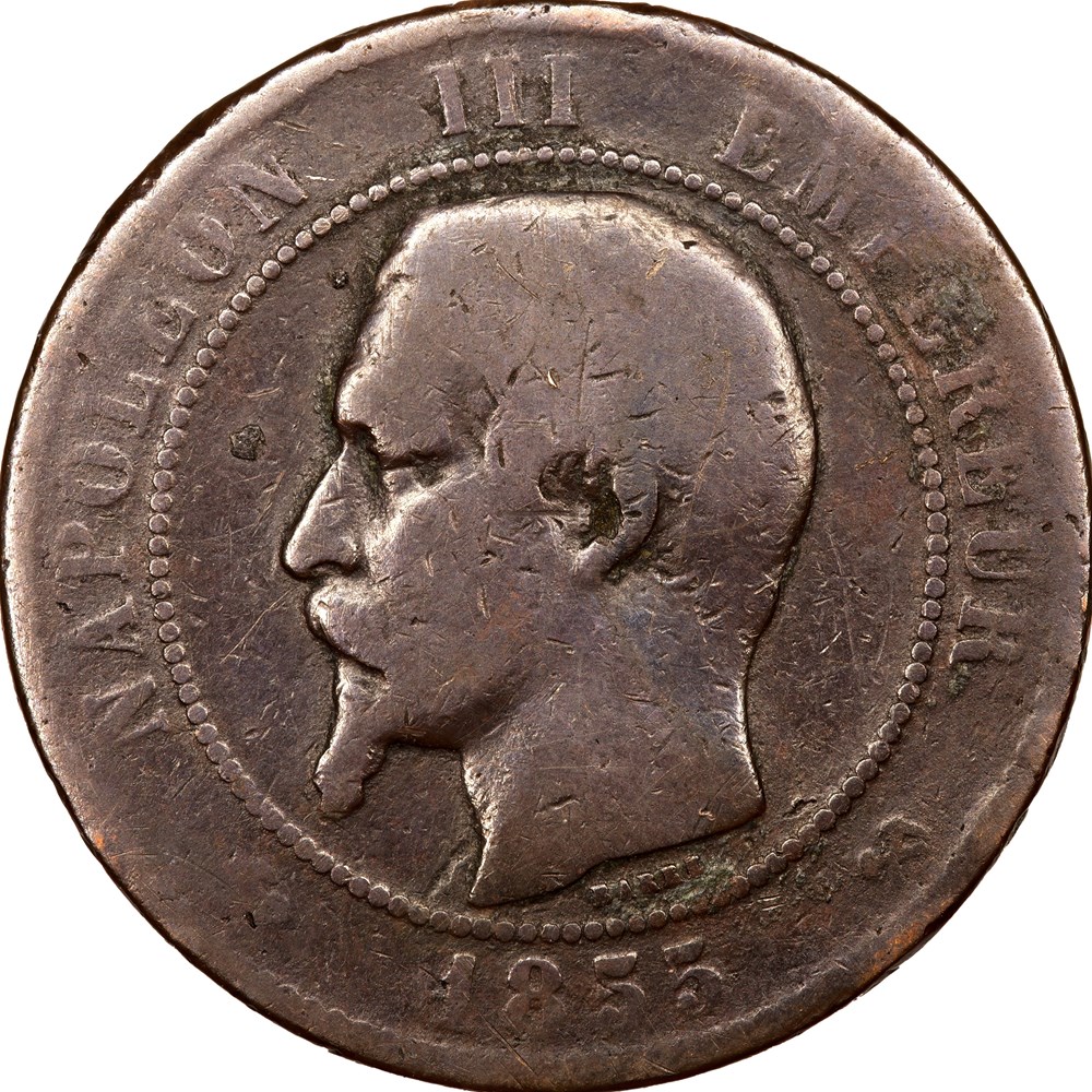 Dix centimes, tête nue, Napoléon III, 1855, ancre, Rouen monnaies monde france dix centimes tete nue napoleon iii 1855 ancre rouen