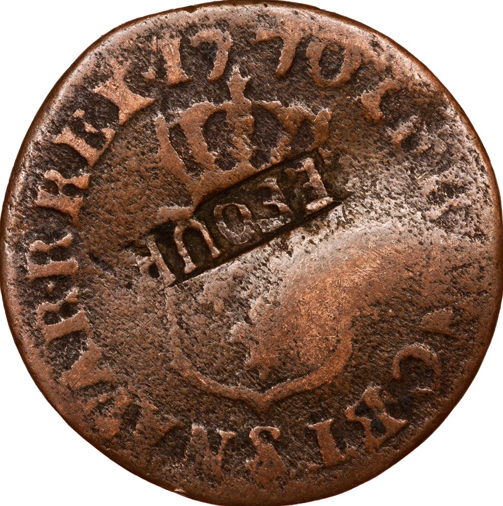 Liard à l'écu, tête laurée, Louis XV, 1770, Reims monnaies europe medievale france royales liard a ecu tete lauree louis xv 1770 reims