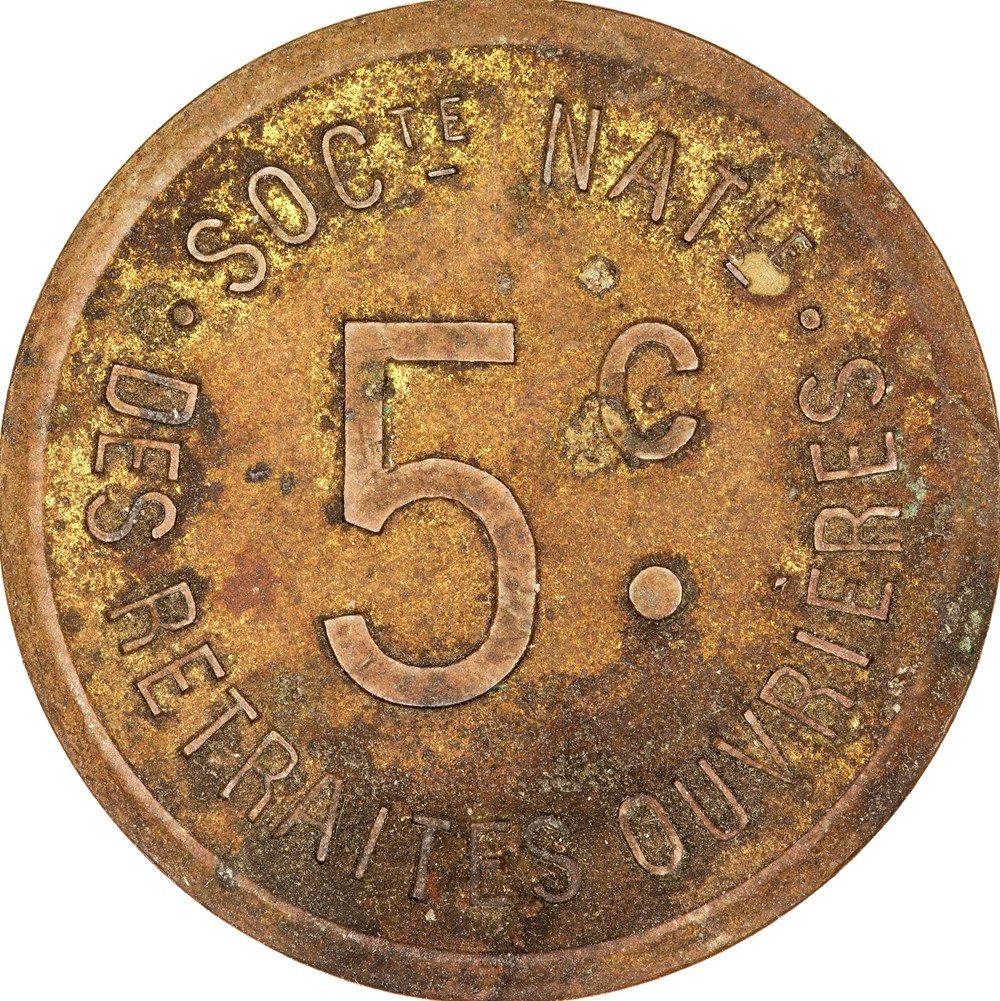 5 centimes, Société Nationale des Retraites Ouvrières, non daté monnaies monde france 5 centimes societe nationale des retraites ouvrieres non date