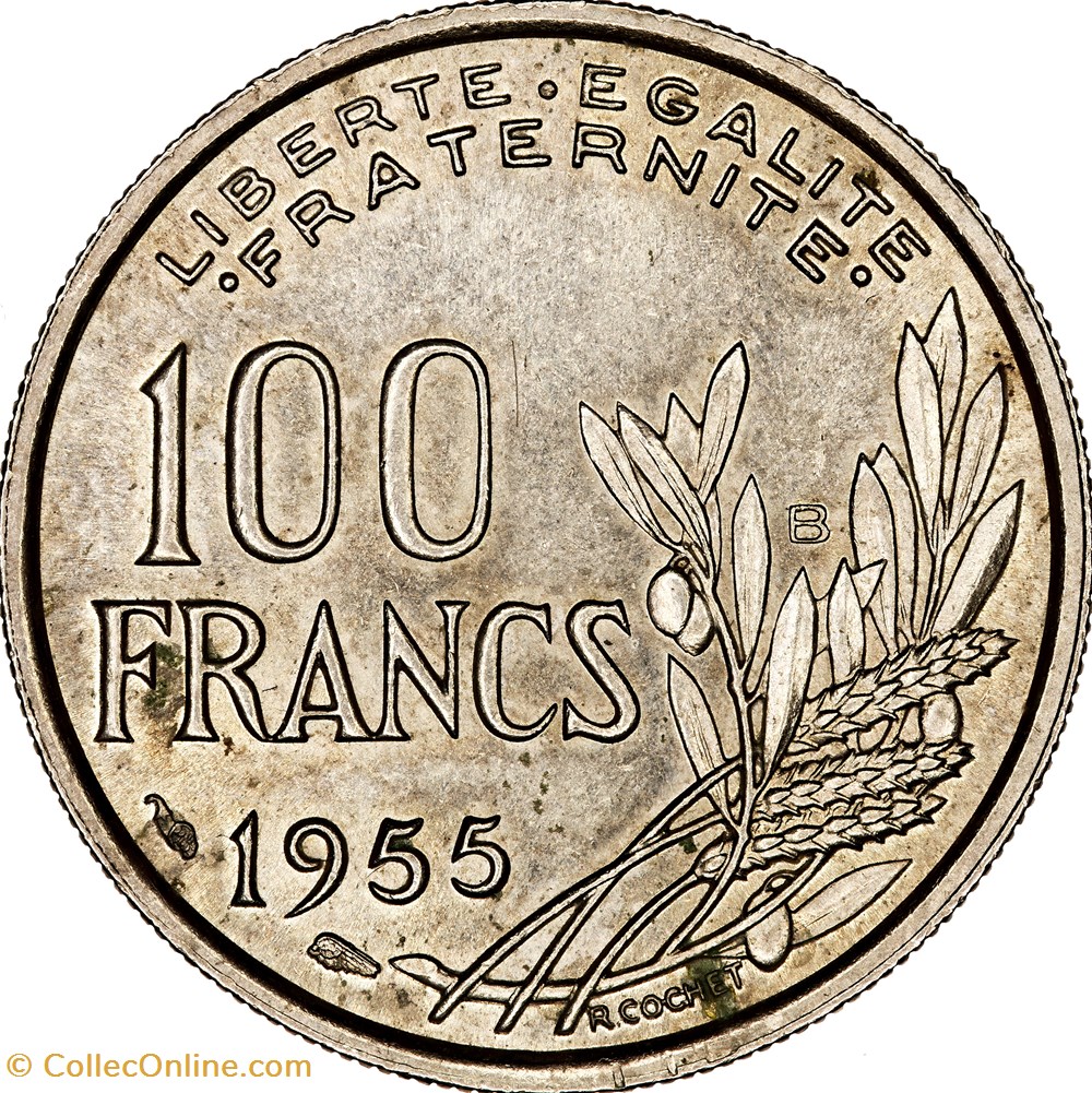 100 francs Cochet, IVe République, 1955, ruban étroit, Beaumont-le-Roger monnaies monde france 100 francs cochet ive republique 1955 ruban etroit beaumont le roger