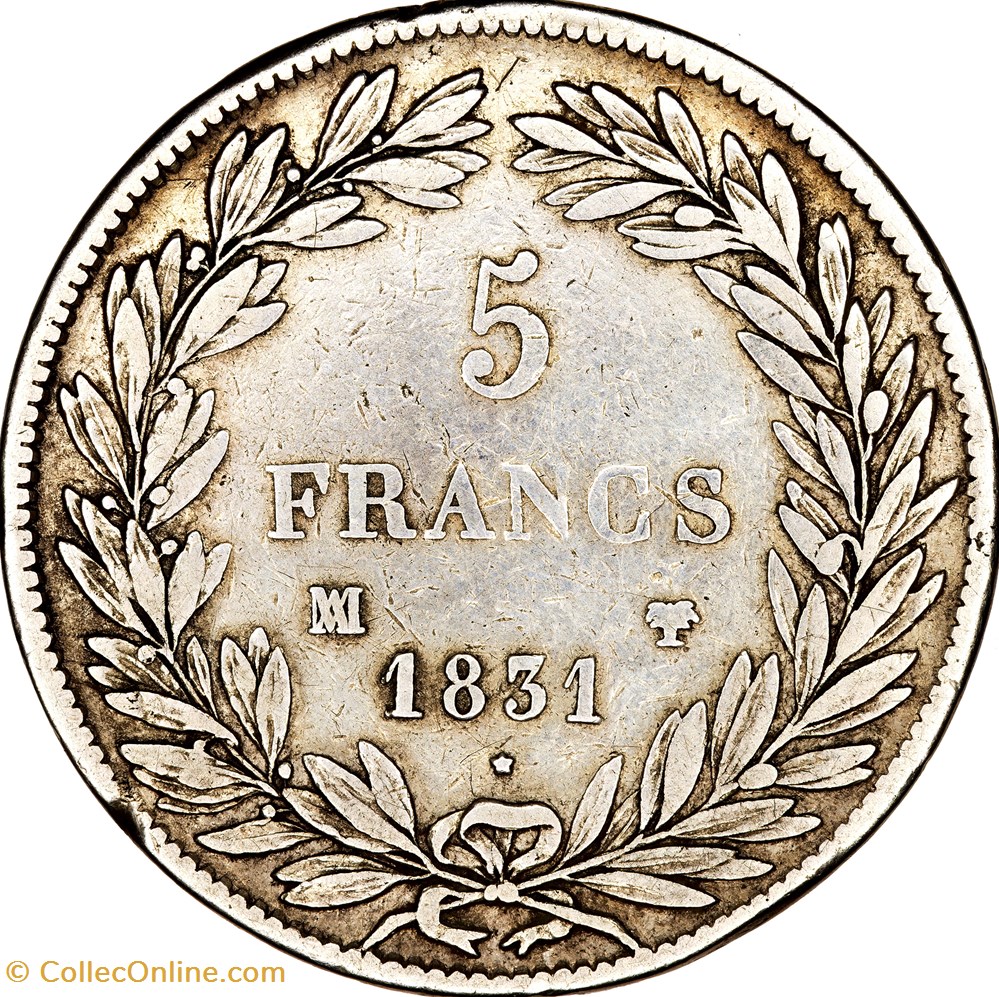5 francs, type Tiolier, avec I, tranche en creux, Louis-Philippe Ier, 1831, Marseille monnaies monde france 5 francs type tiolier avec i tranche en creux louis philippe ier 1831 marseille