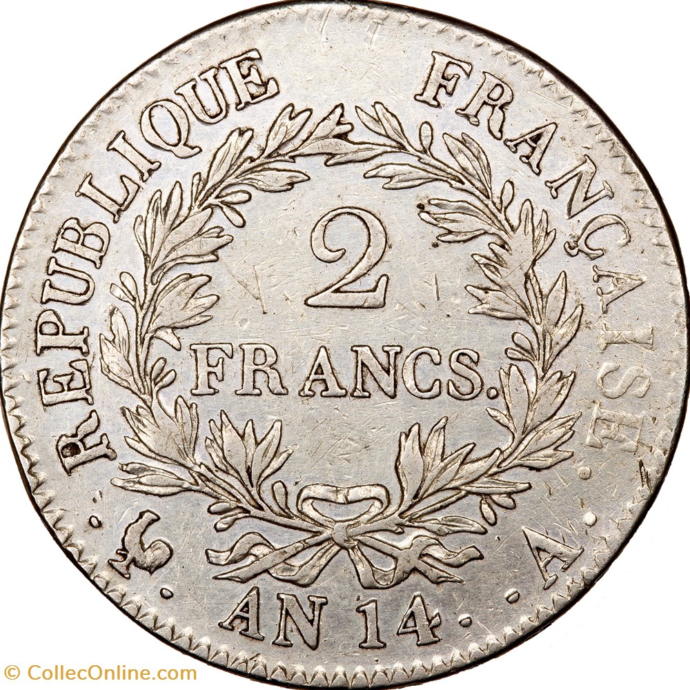 2 francs Napoléon Empereur, calendrier révolutionnaire, Napoléon Ier, an 14, Paris monnaies monde france 2 francs napoleon empereur calendrier revolutionnaire napoleon ier an 14 paris
