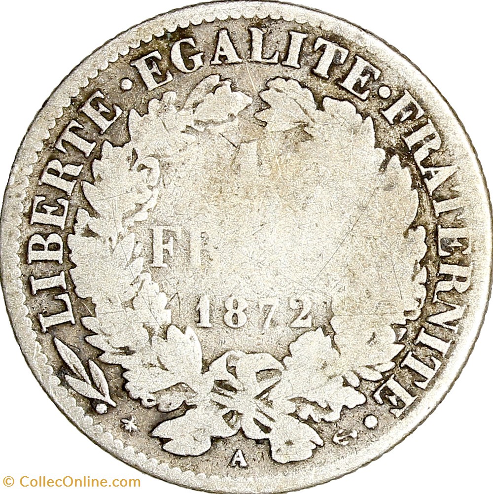 1 franc Cérès, IIIe République, 1872, petit A, Paris monnaies monde france 1 franc ceres iiie republique 1872 petit a paris