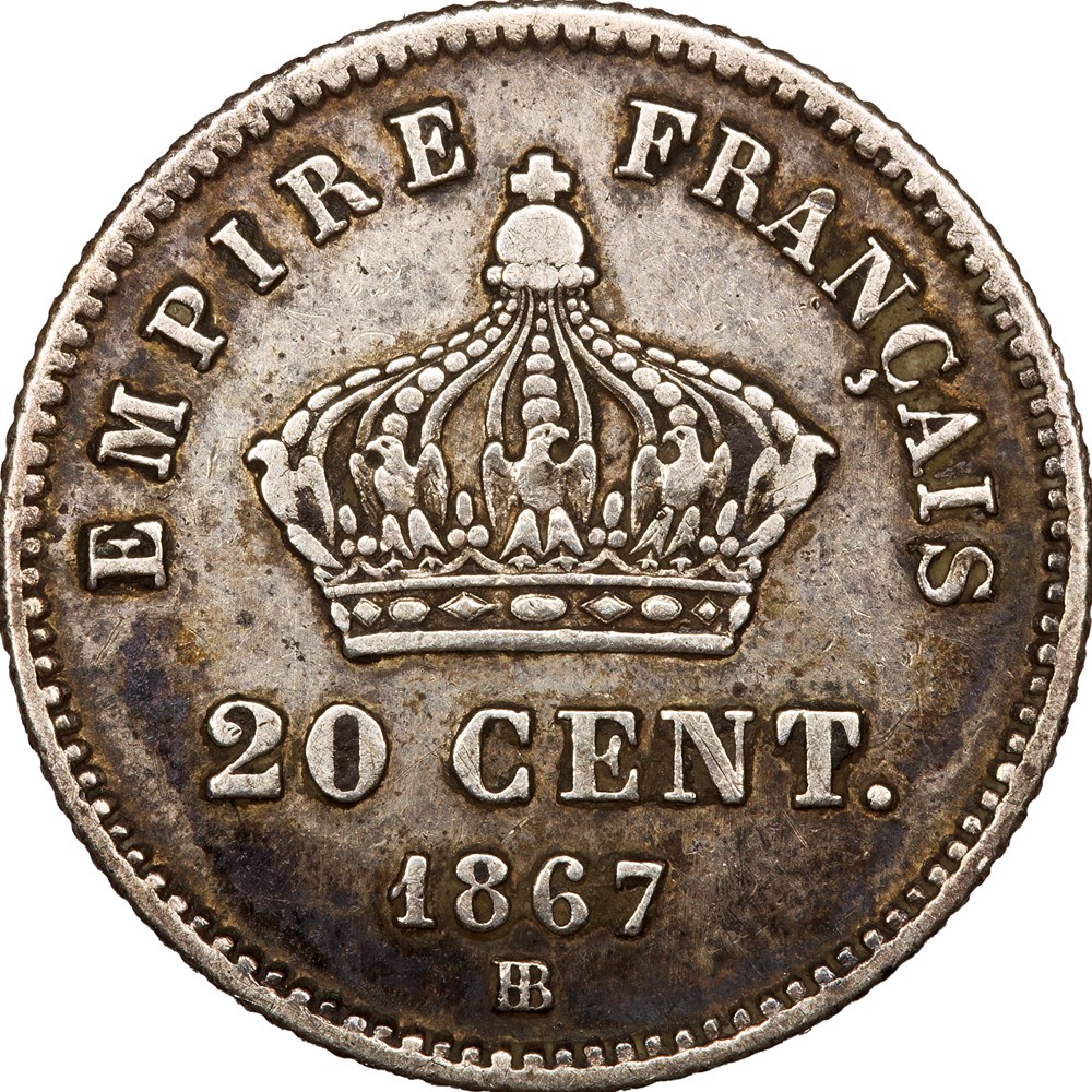 20 centimes Napoléon III, tête laurée, grand module, Napoléon III, 1867, Strasbourg monnaies monde france 20 centimes napoleon iii tete lauree grand module napoleon iii 1867 strasbourg