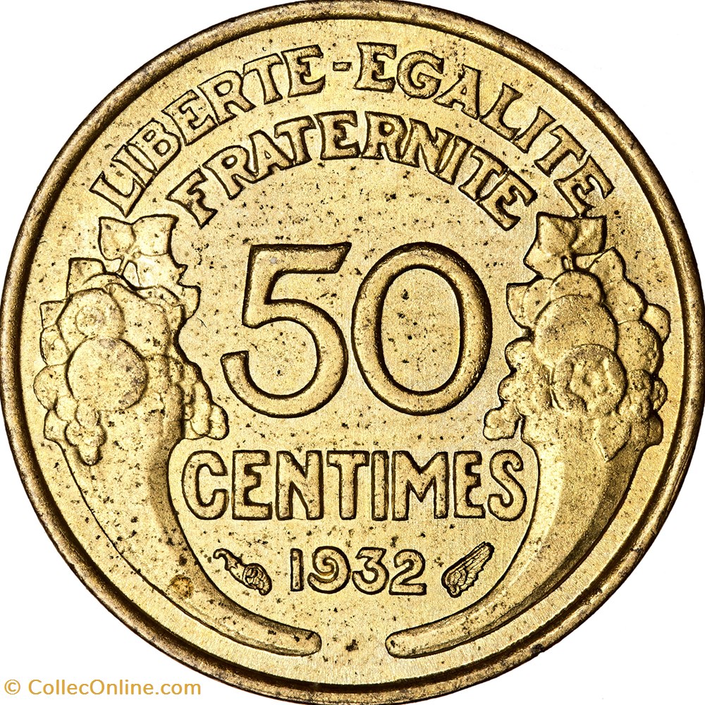 50 centimes Morlon, IIIe République, 1932, 9 et 2 ouverts, avec raisin monnaies monde france 50 centimes morlon iiie republique 1932 9 et 2 ouverts avec raisin
