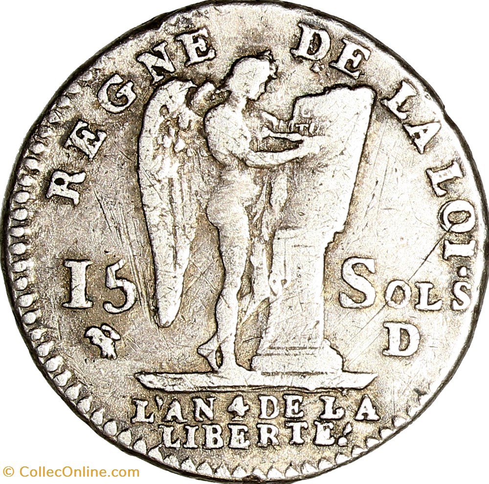 15 sols au Génie, type Français, Louis XVI, 1792, an 4, 1er semestre, Lyon monnaies monde france 15 sols au genie type francais louis xvi 1792 an 4 1er semestre lyon