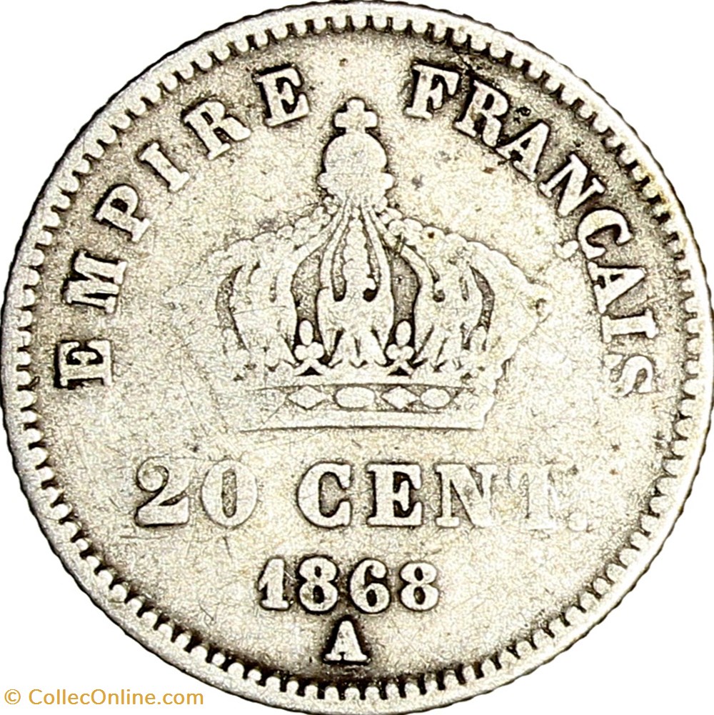 20 centimes Napoléon III, tête laurée, grand module, Napoléon III, 1868, Paris monnaies monde france 20 centimes napoleon iii tete lauree grand module napoleon iii 1868 paris