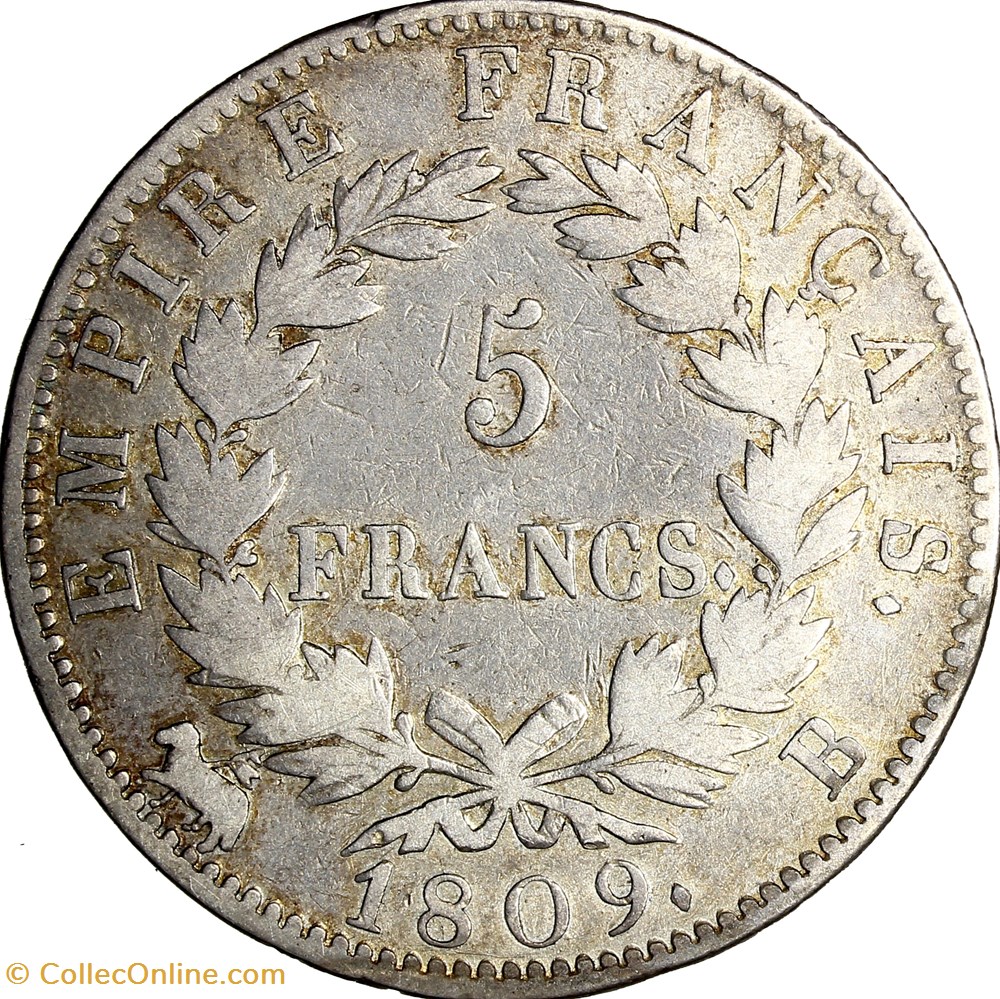 5 francs, tête laurée, Empire, Napoléon Ier, 1809, Rouen monnaies monde france 5 francs tete lauree empire napoleon ier 1809 rouen