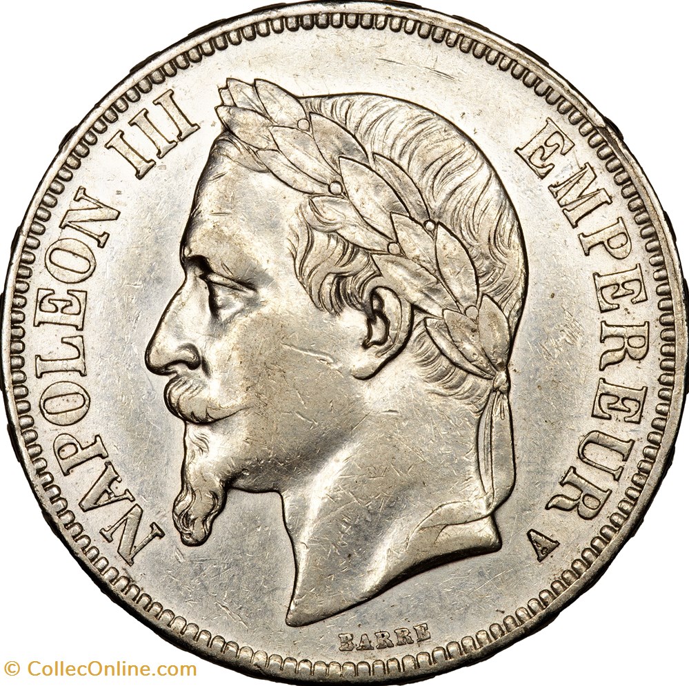 monnaies monde france 5 francs tete lauree napoleon iii 1867 paris