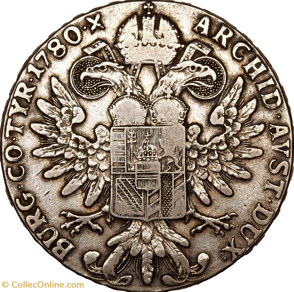 Thaler (refrappe) de Marie-Thérèse d'Autriche, (1780), Vienne monnaies europe medievale archiduche thaler refrappe de marie therese autriche 1780 vienne