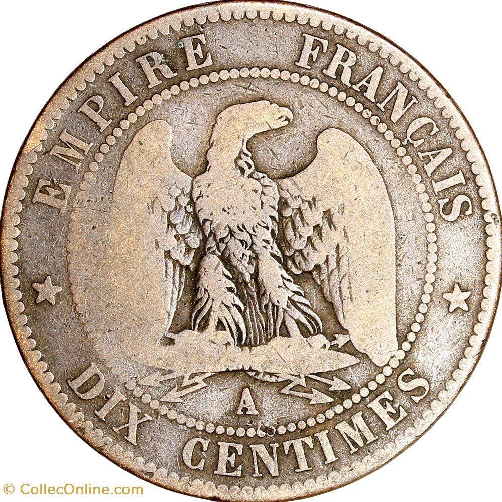 Dix centimes, tête nue, Napoléon III, 1852, Paris monnaies monde france dix centimes tete nue napoleon iii 1852 paris