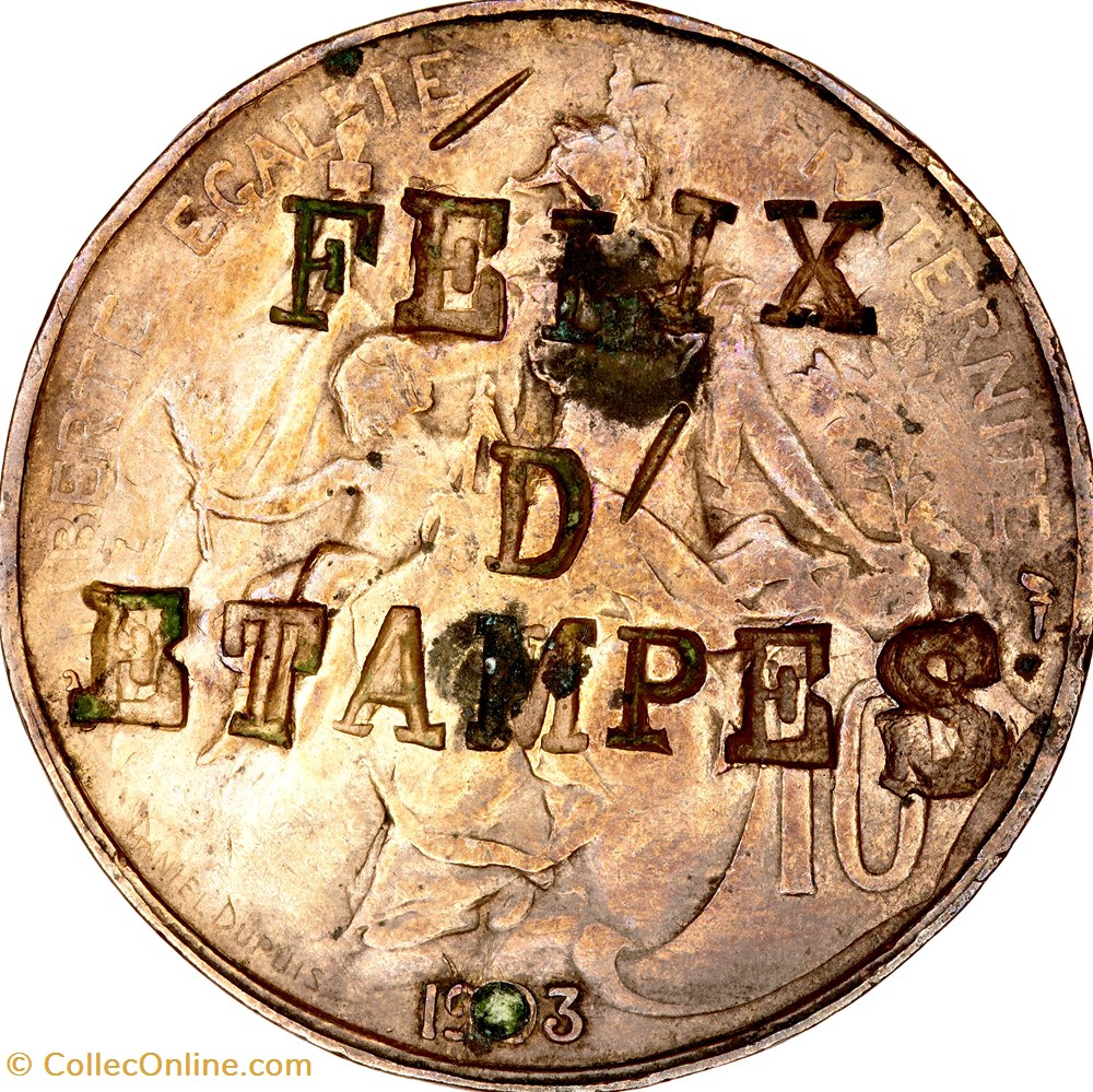 10 centimes Daniel-Dupuis, IIIe République, 1903, contremarquée monnaies monde france 10 centimes daniel dupuis iiie republique 1903 contremarquee
