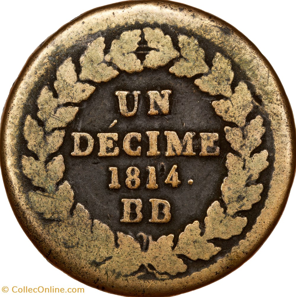Un décime à l'N couronnée, Napoléon Ier, 1814 •, Strasbourg monnaies monde france un decime a n couronnee napoleon ier 1814 strasbourg